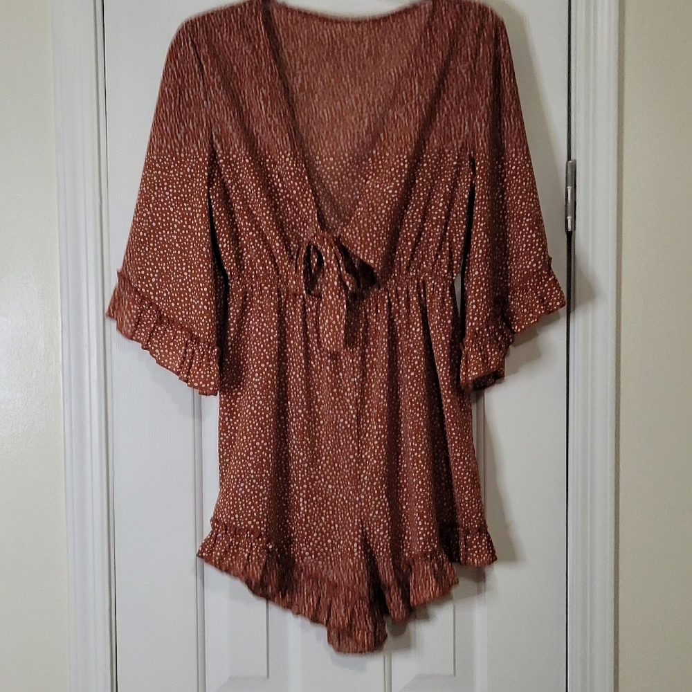 Shein Women's Tie Front Cutout Polka Dot Romper Jumper Short Rust Size Large - Picture 2 of 10